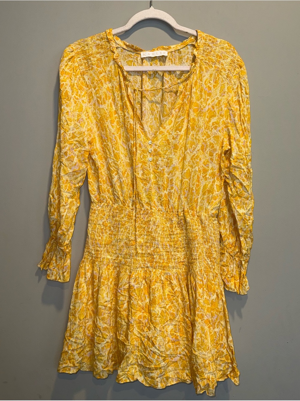Shop Karlie Yellow Abstract Floral Smocked Mini Dress Peasant Long Sleeve